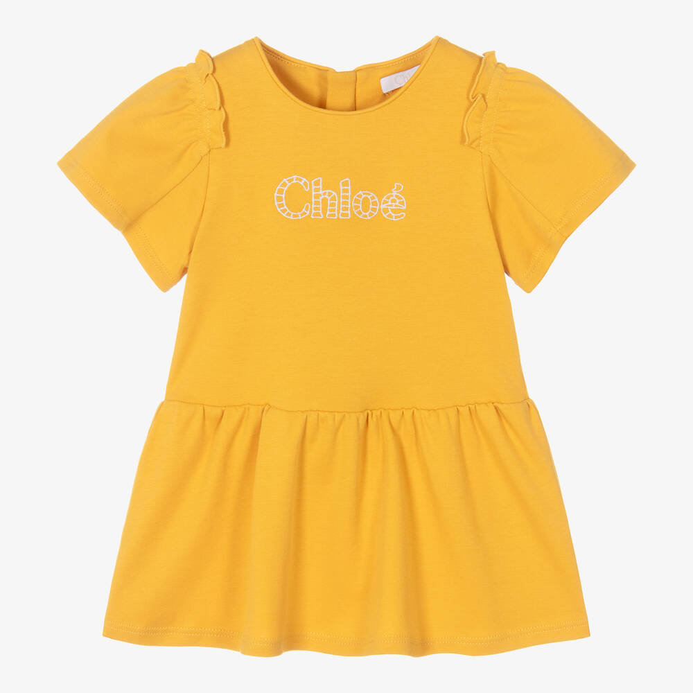 Chloé - Girls Yellow Cotton Frill Sleeve Dress | Childrensalon