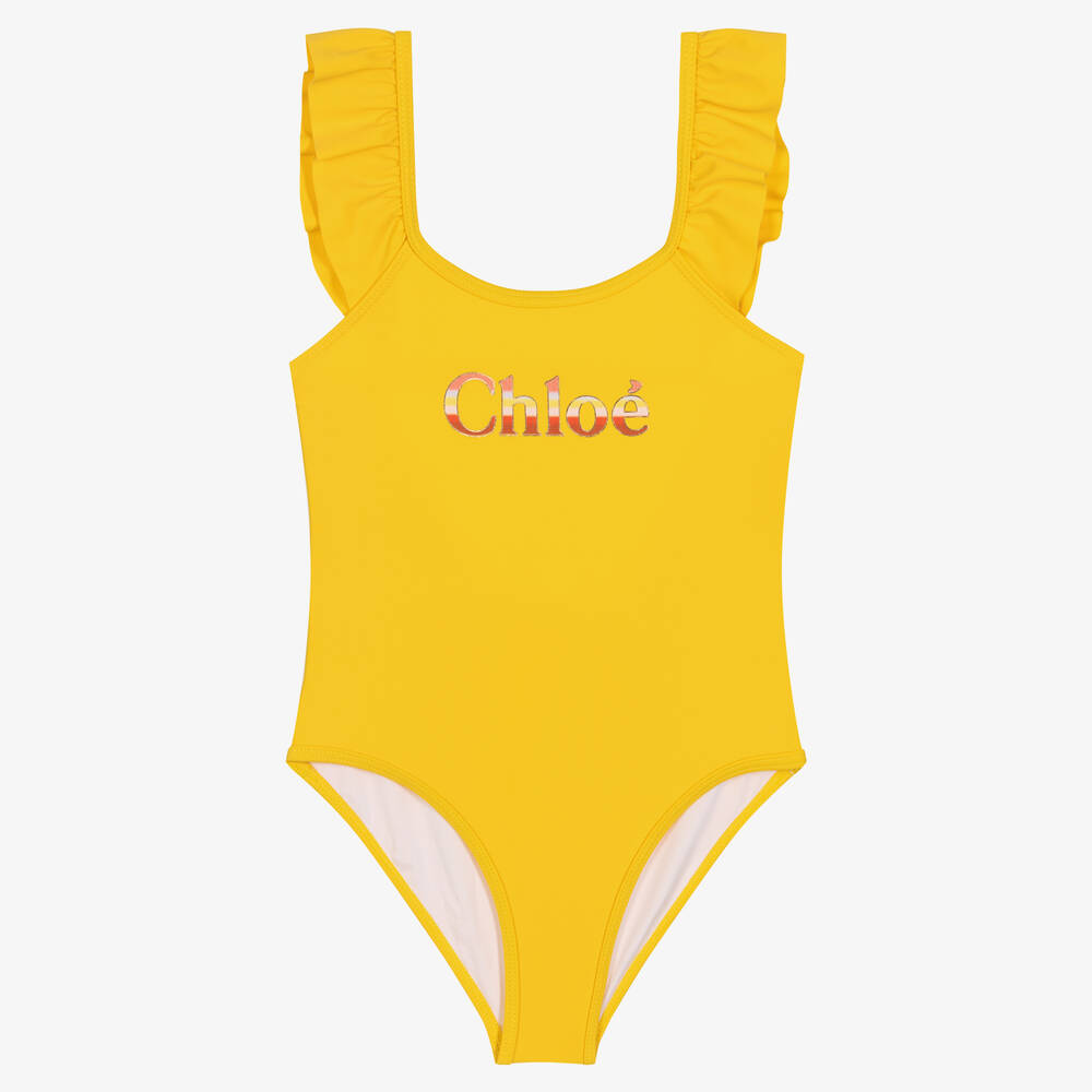 Chloé - Girls Yellow Ruffle Logo Swimsuit | Childrensalon