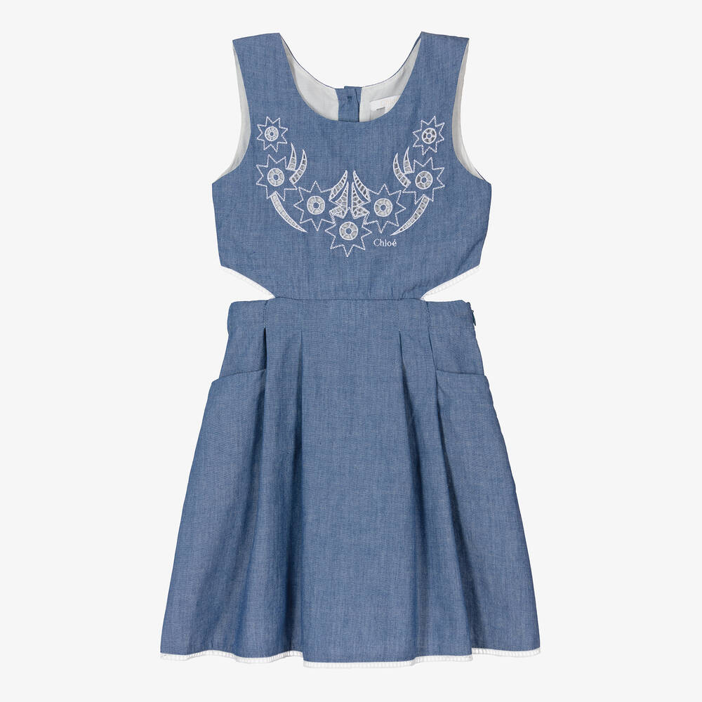 Shop Chloé Teen Girls Blue Cotton Chambray Dress