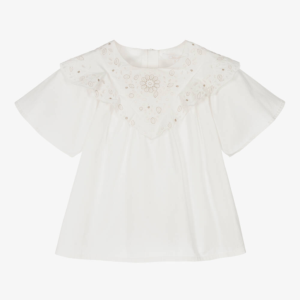 CHLOÉ TEEN GIRLS IVORY EMBROIDERED RUFFLE BLOUSE