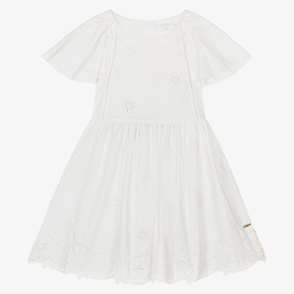 Shop Chloé Teen Girls White Cotton Cutwork Dress