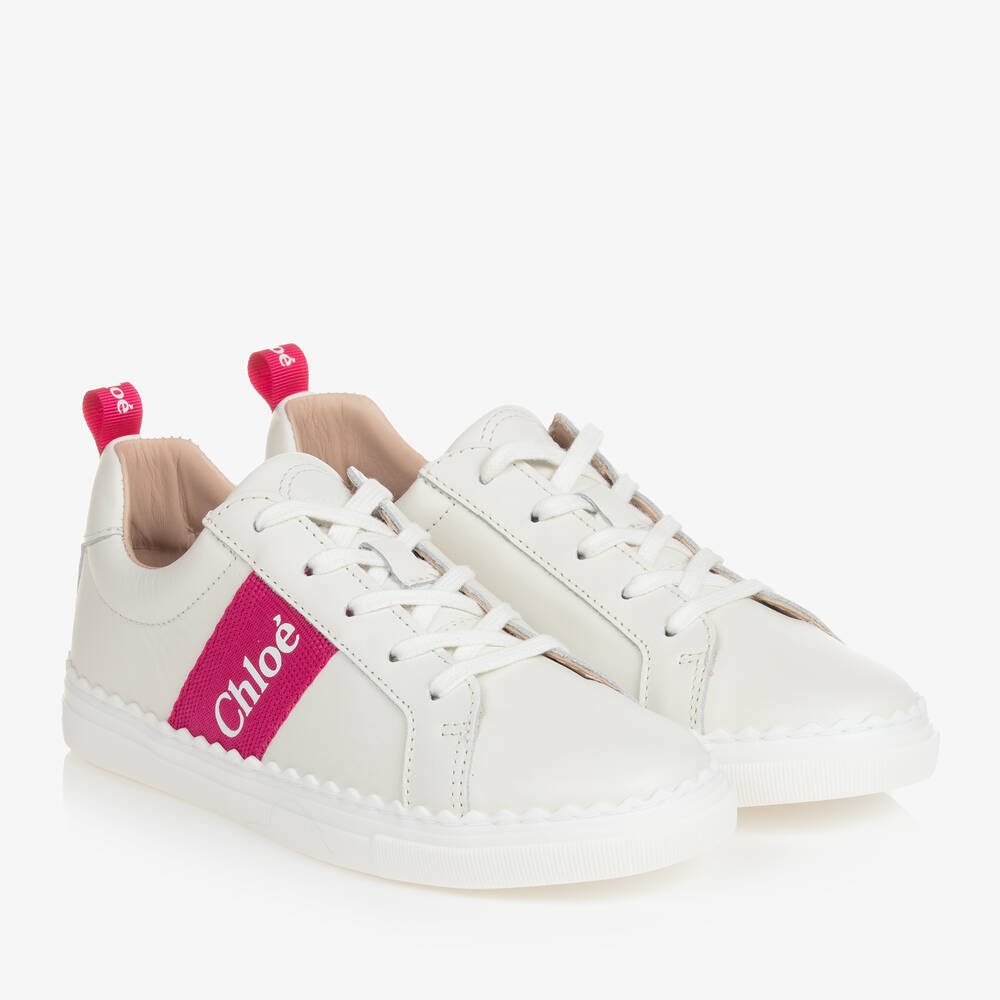 Chloé - Teen Girls White Lace-Up Leather Trainers | Childrensalon