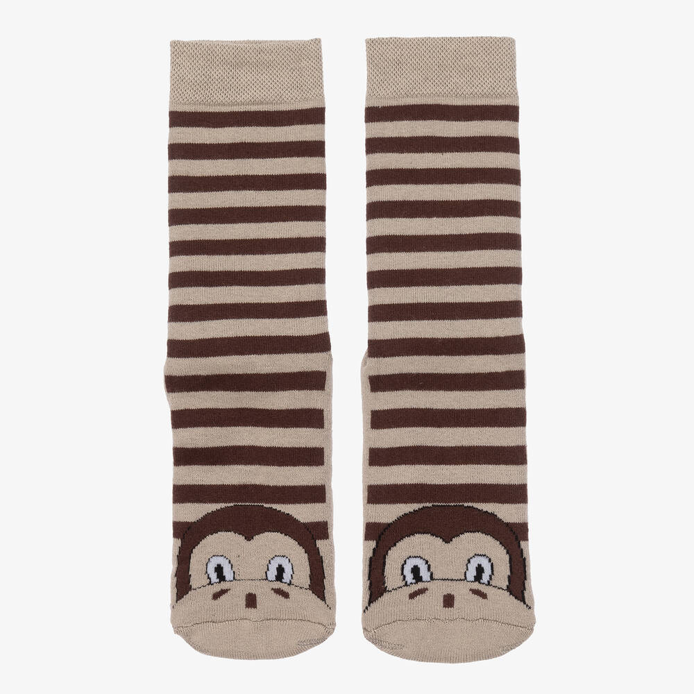 Country Kids - Brown Striped Monkey Slipper Socks | Childrensalon
