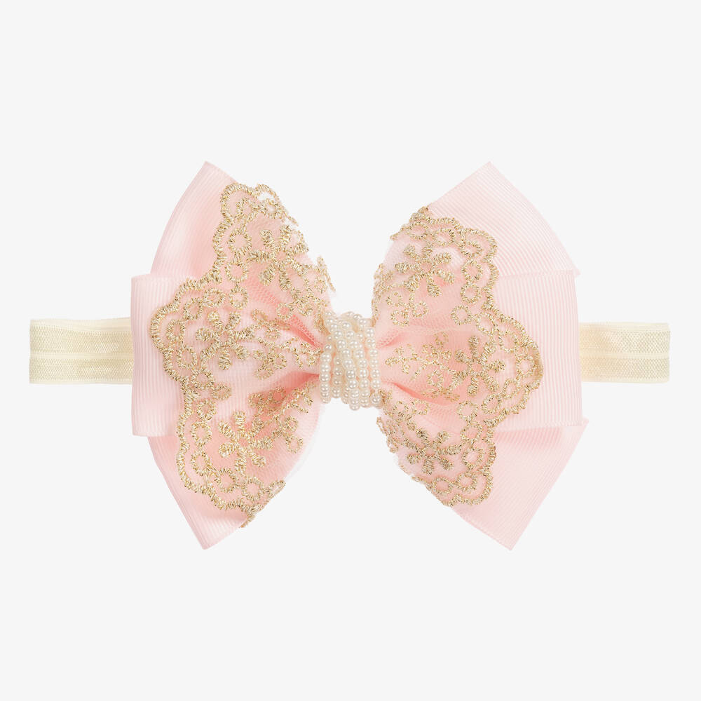 Cute Cute - Large Pink Bow with Gold Lace & Pearls Headband | Childrensalon