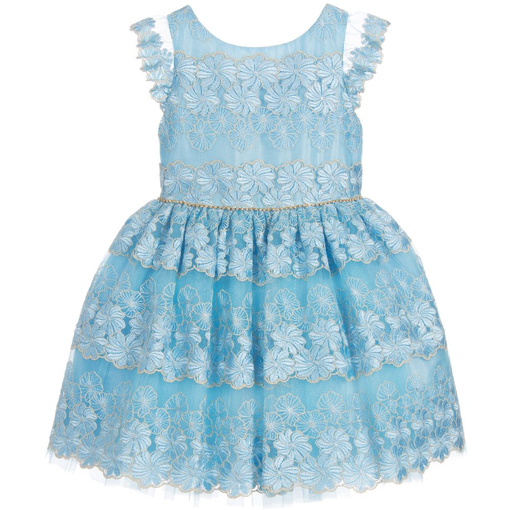 David Charles Kids' Girls Blue Embroidered Dress