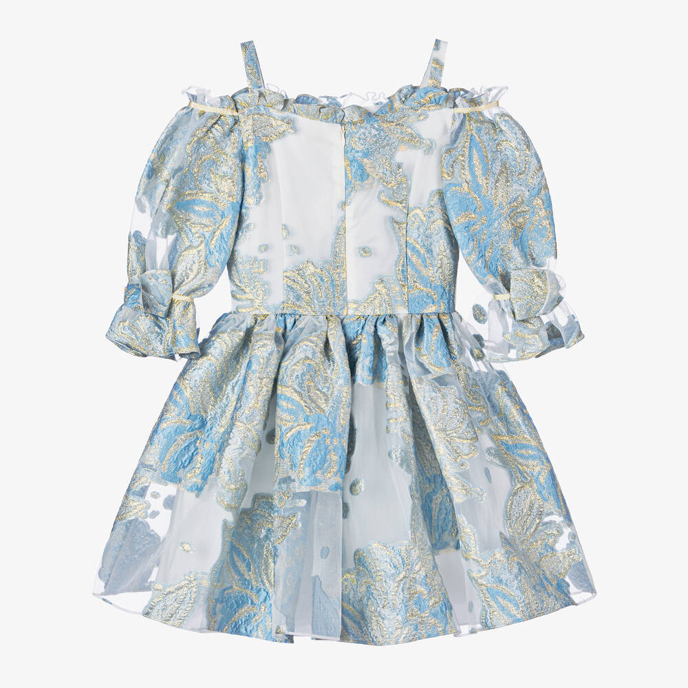 David Charles - Girls Blue Floral Organza Dress | Childrensalon