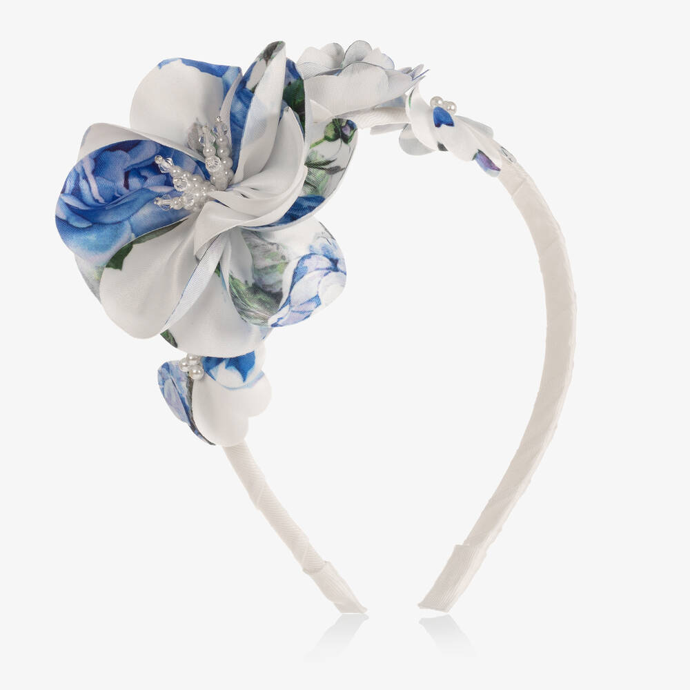 David Charles - Girls Blue Floral Print Hairband | Childrensalon