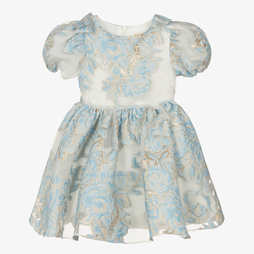 David Charles - Girls Blue & Gold Floral Brocade Dress | Childrensalon
