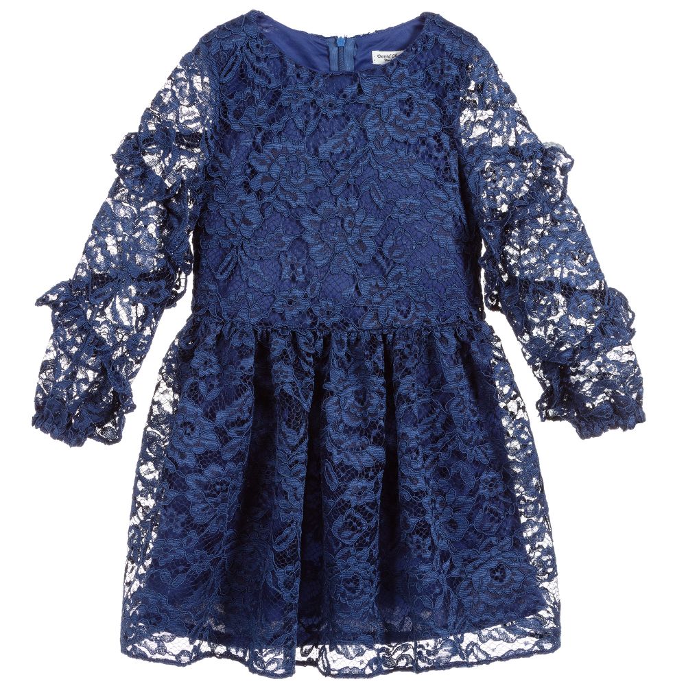 David Charles Kids' Girls Blue Lace Dress