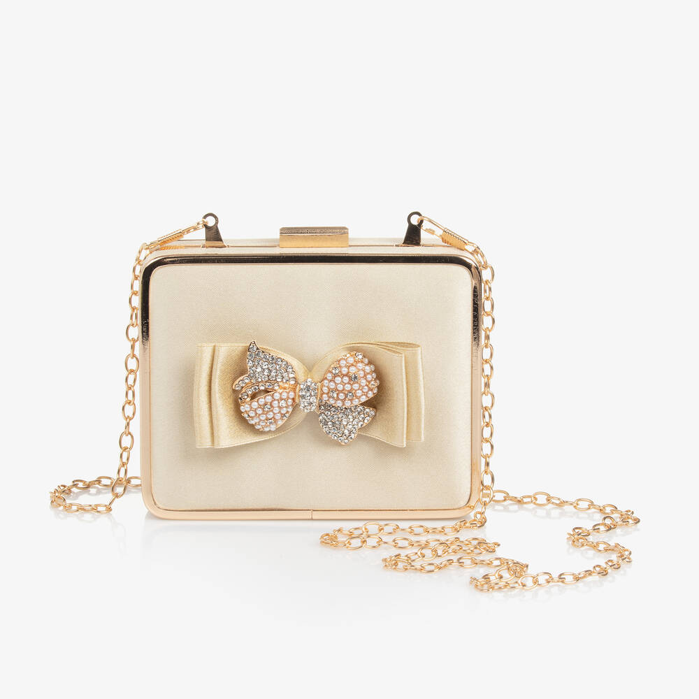David Charles - Girls Gold Satin Bow Handbag (12cm) | Childrensalon