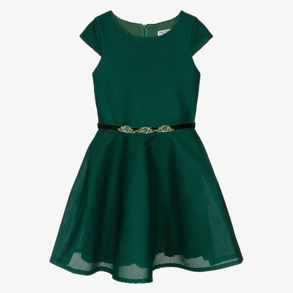 David Charles - Girls Green Ribbed Neoprene Dress | Childrensalon