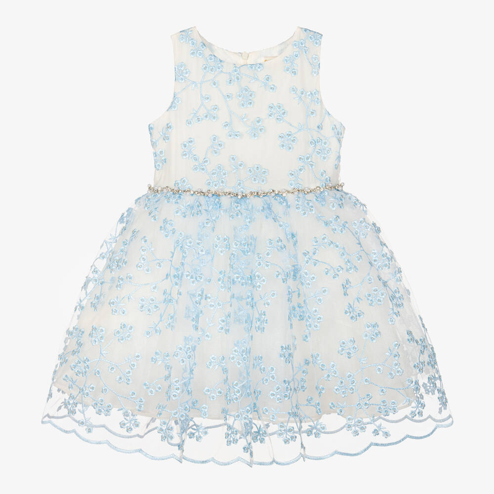 David Charles - Girls Ivory & Blue Embroidered Floral Dress | Childrensalon