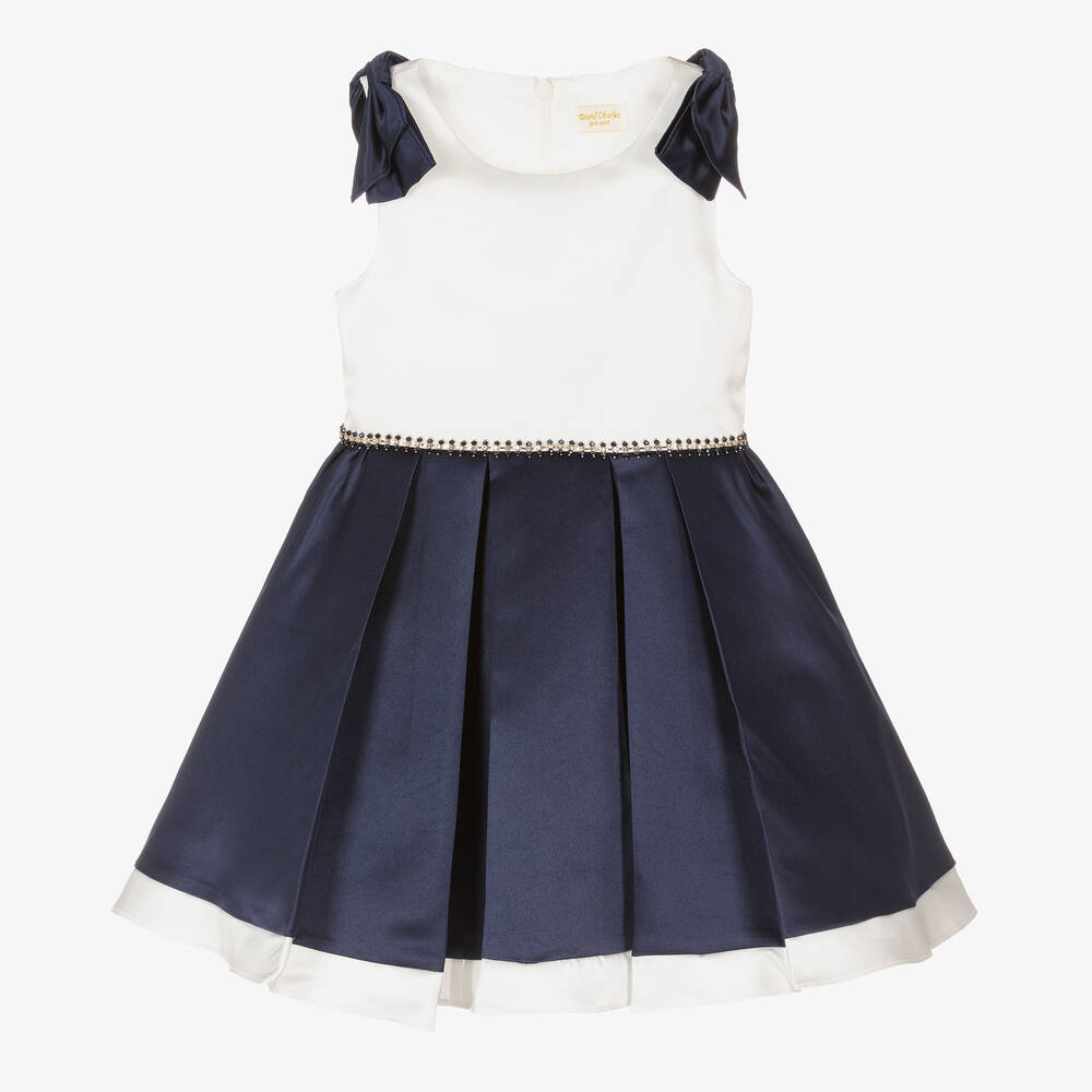 David Charles - Girls Navy Blue & White Satin Dress | Childrensalon