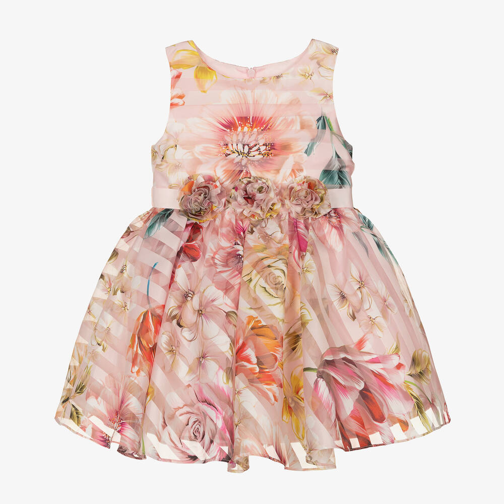 David Charles - Girls Pink Floral Organza Dress | Childrensalon