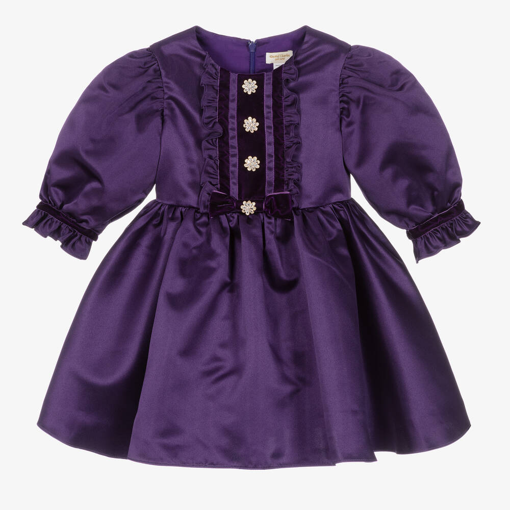 David Charles Kids' Girls Purple Satin Diamante Button Dress