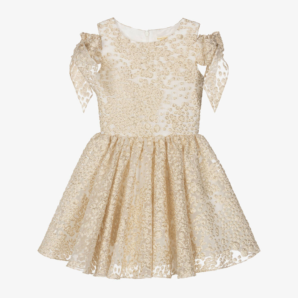 David Charles - Girls White Georgette & Gold Brocade Dress | Childrensalon