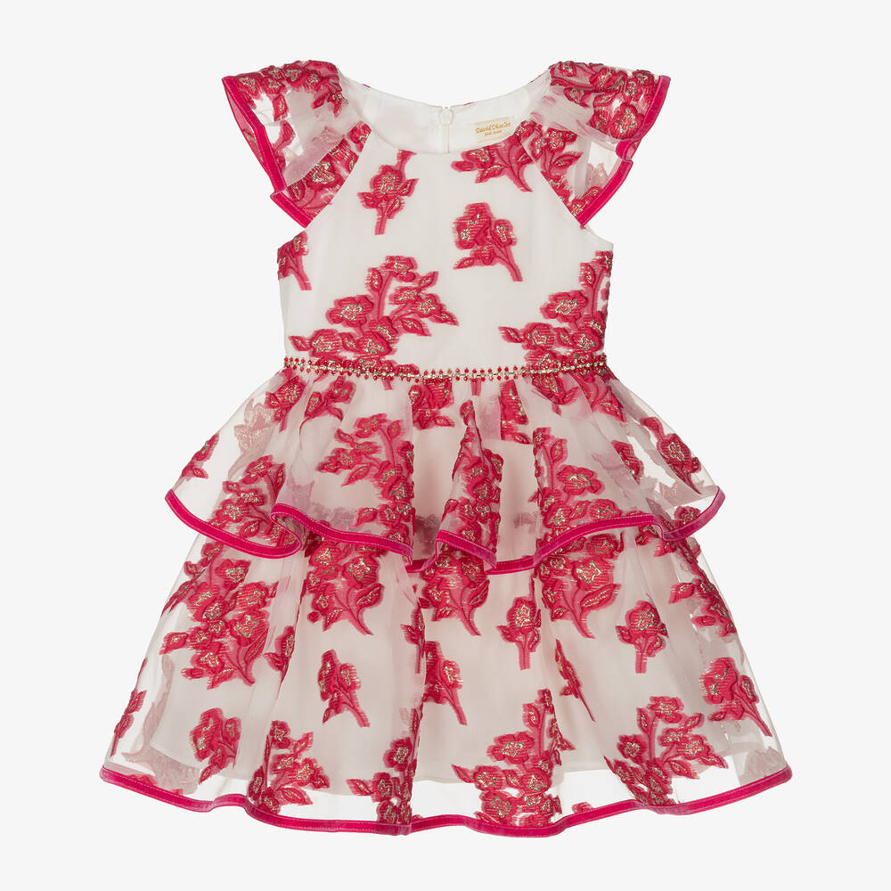 David Charles - Girls White Georgette & Pink Brocade Dress | Childrensalon
