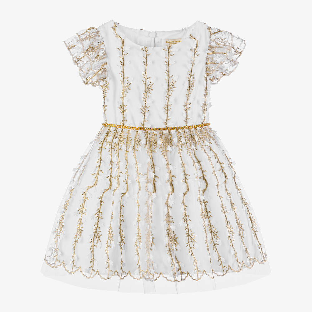 David Charles - Бело-золотистое платье из тюля для девочек | Childrensalon