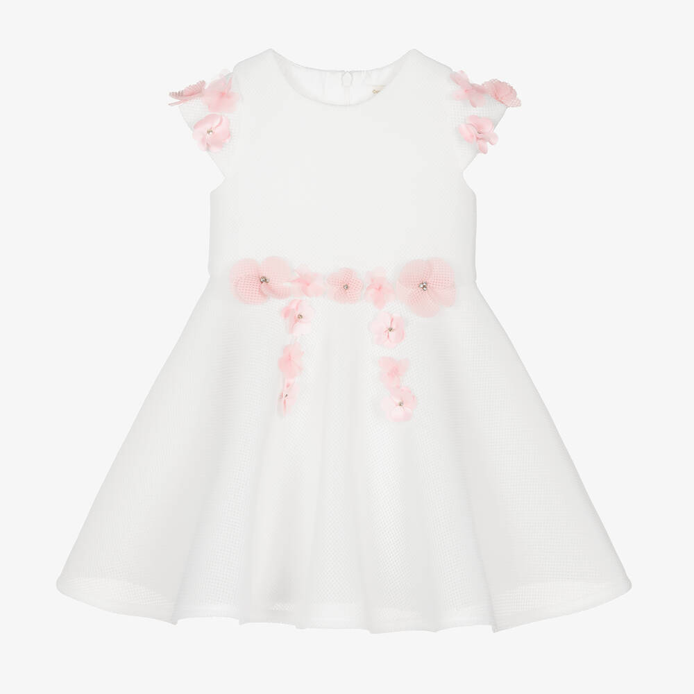 David Charles - Girls White Mesh Flower Dress | Childrensalon