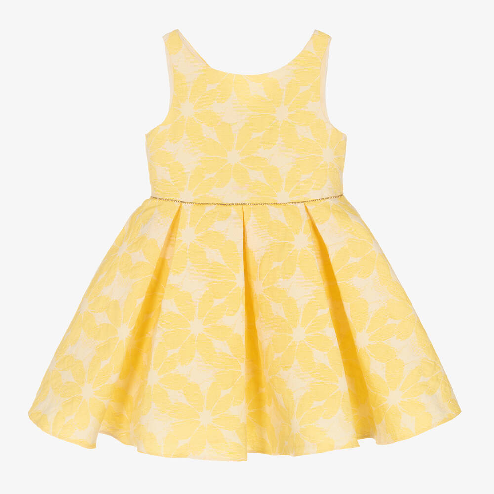 David Charles - Girls Yellow Floral Jacquard Dress | Childrensalon