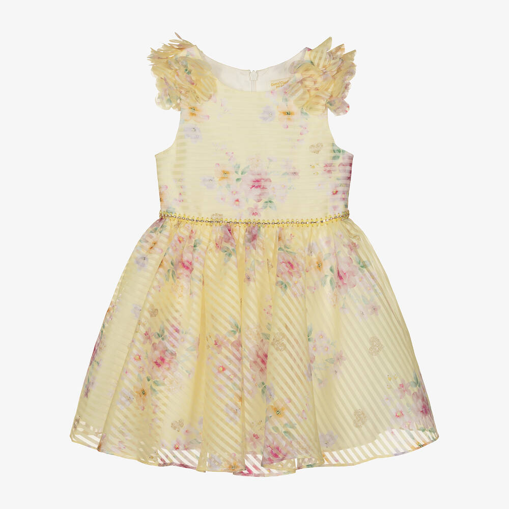 David Charles Babies' Girls Yellow Floral Organza Dress