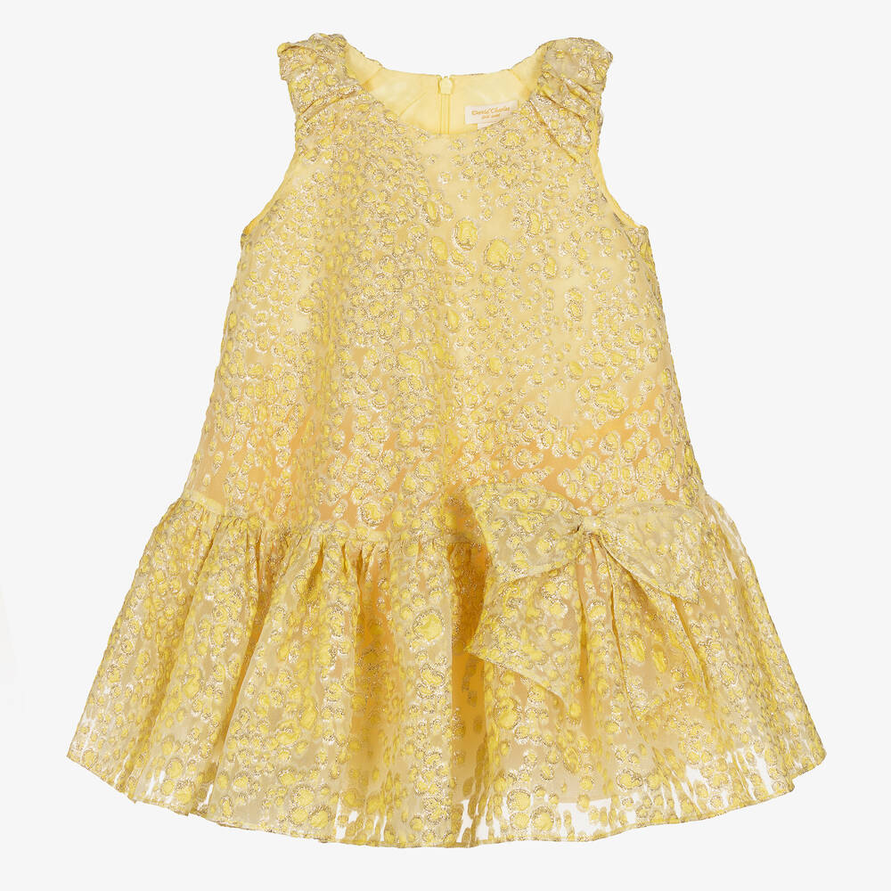 David Charles - Girls Yellow Jacquard Organza Dress | Childrensalon