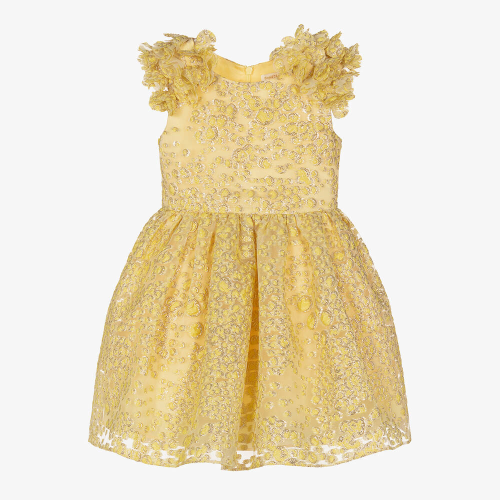 David Charles - Girls Yellow Organza Brocade Dress | Childrensalon