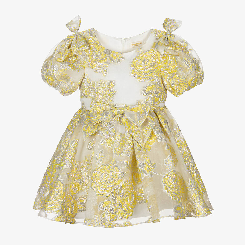 David Charles Babies' Girls Yellow Organza Floral Dress