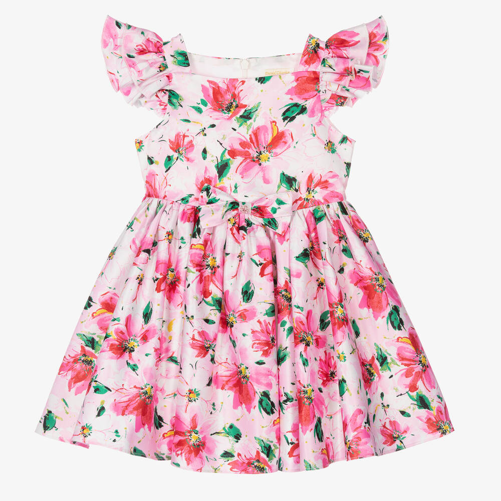 David Charles - White & Pink Floral Satin Dress | Childrensalon