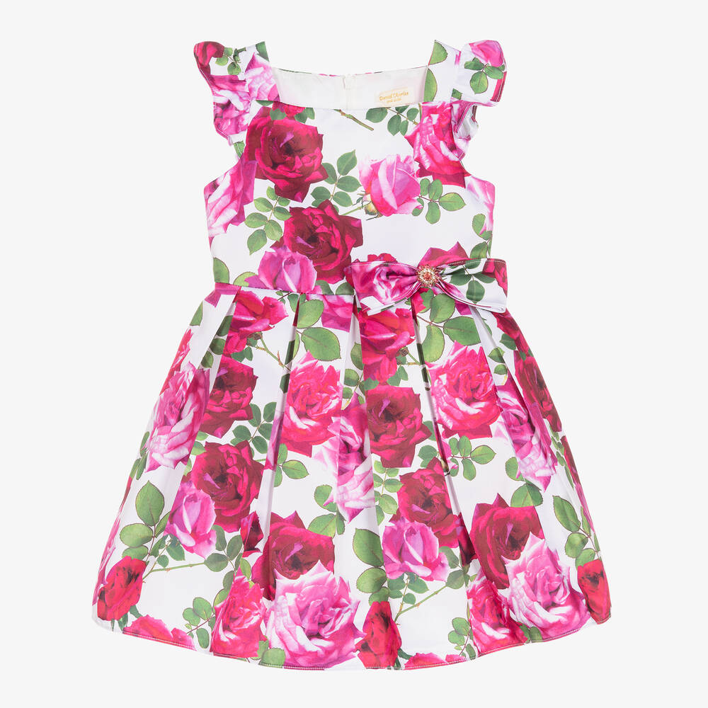 David Charles - White & Pink Rose Satin Dress | Childrensalon