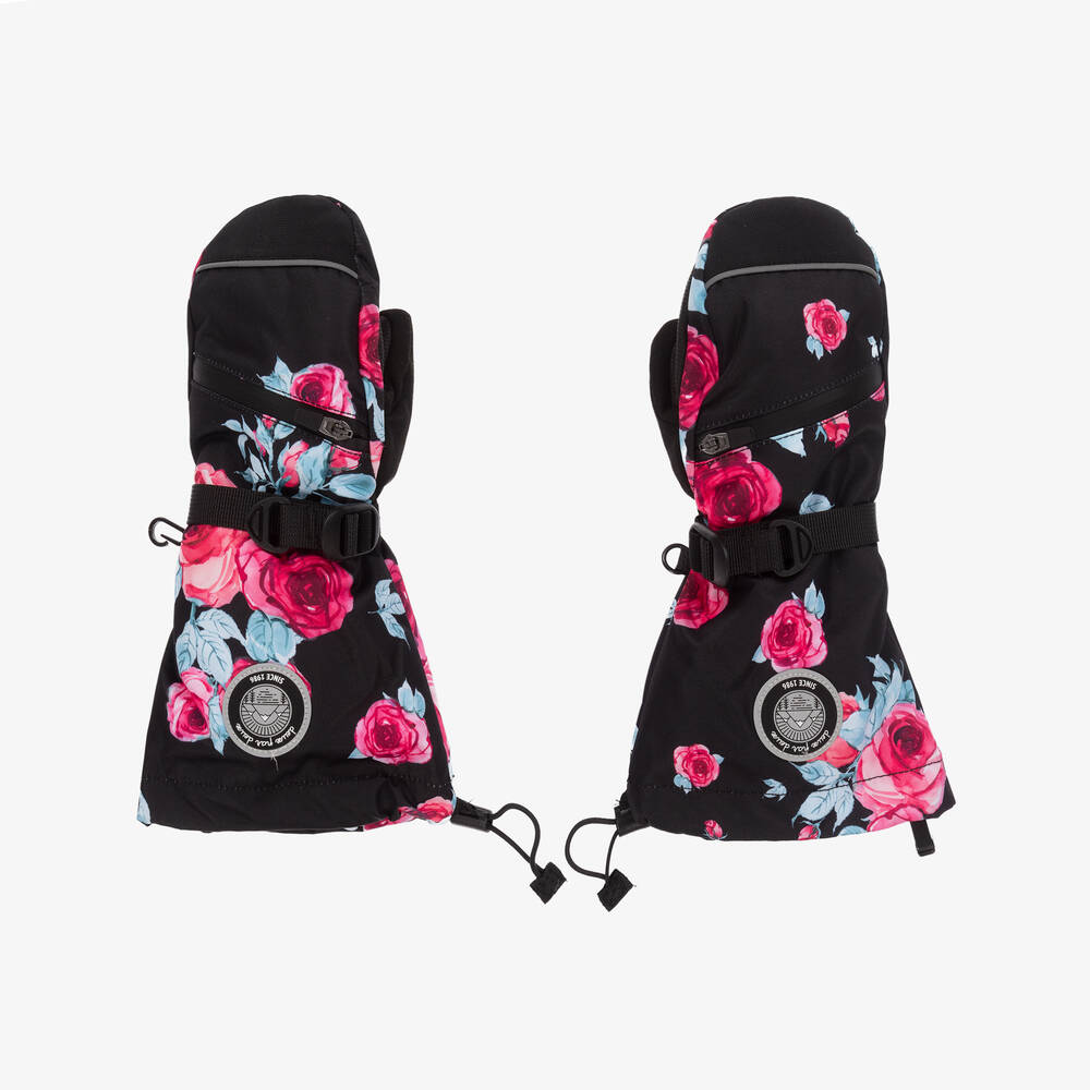 Deux par Deux - Black & Pink Rose Print Ski Mittens | Childrensalon