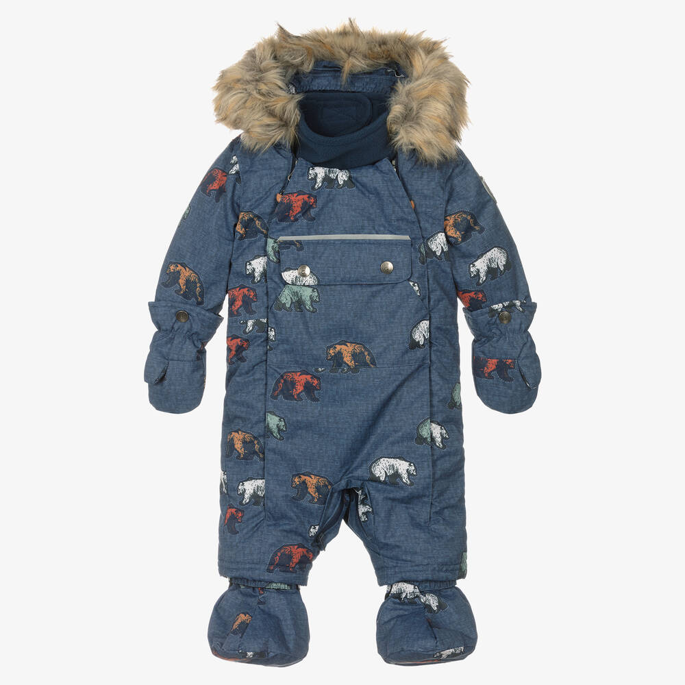 Deux par Deux - Blue Grizzly Bear Baby Snowsuit Set | Childrensalon
