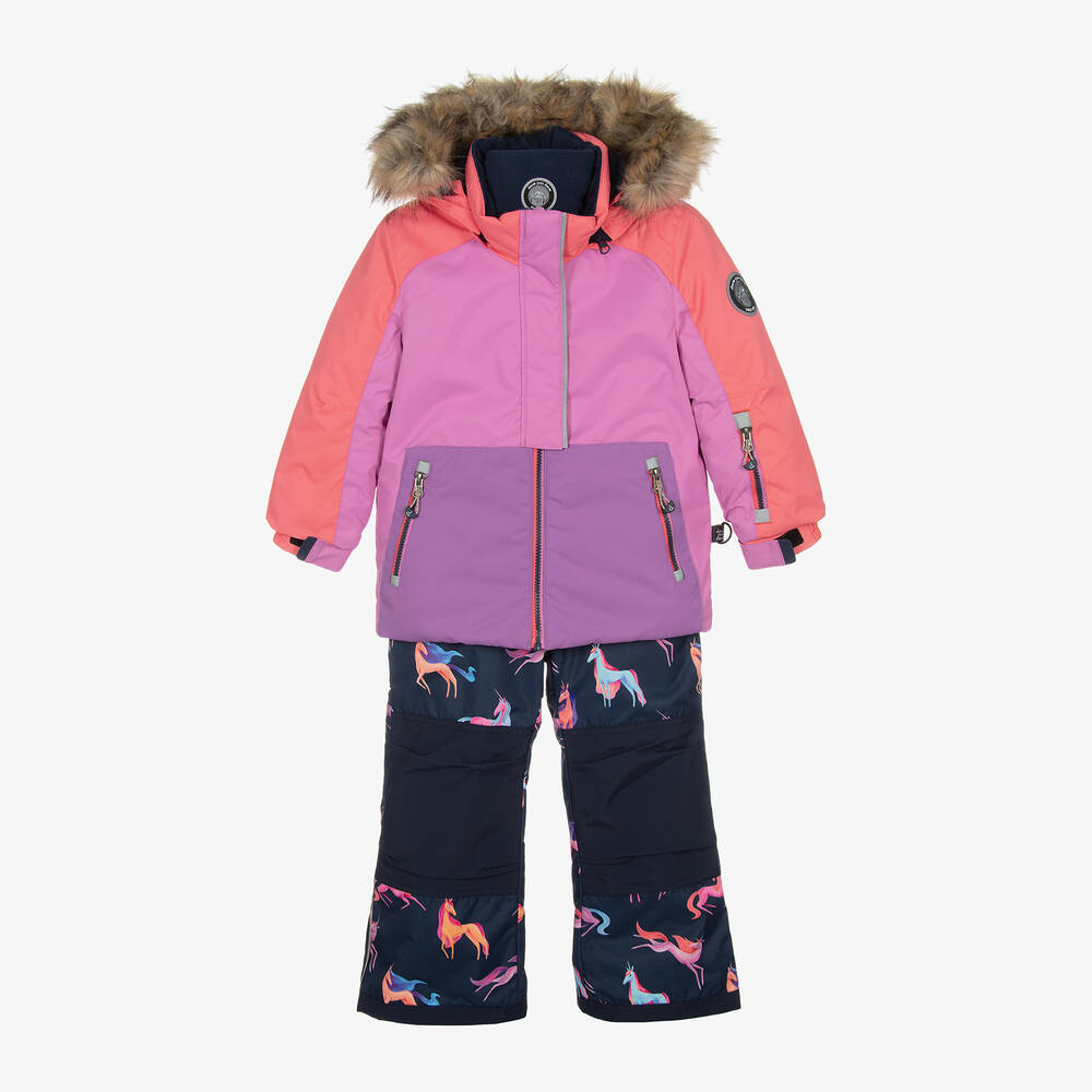 Deux par Deux - Girls Pink Unicorn Snowsuit & Snood Set | Childrensalon