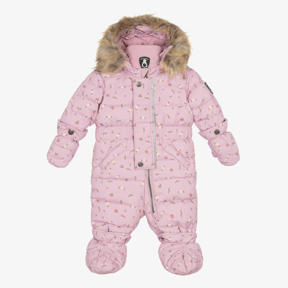 Deux par Deux - Pink Floral Print Hooded Baby Snowsuit  | Childrensalon