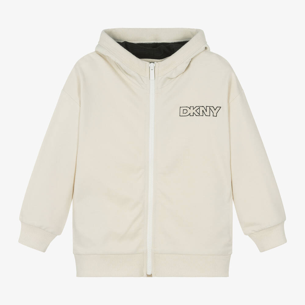 DKNY - Beige Cotton Hooded Zip-Up Top | Childrensalon