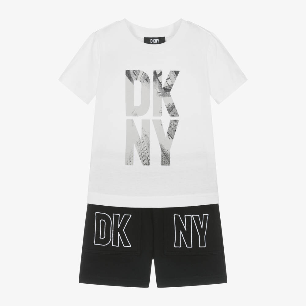 DKNY - طقم شورت قطن لون أبيض وأسود للأولاد | Childrensalon