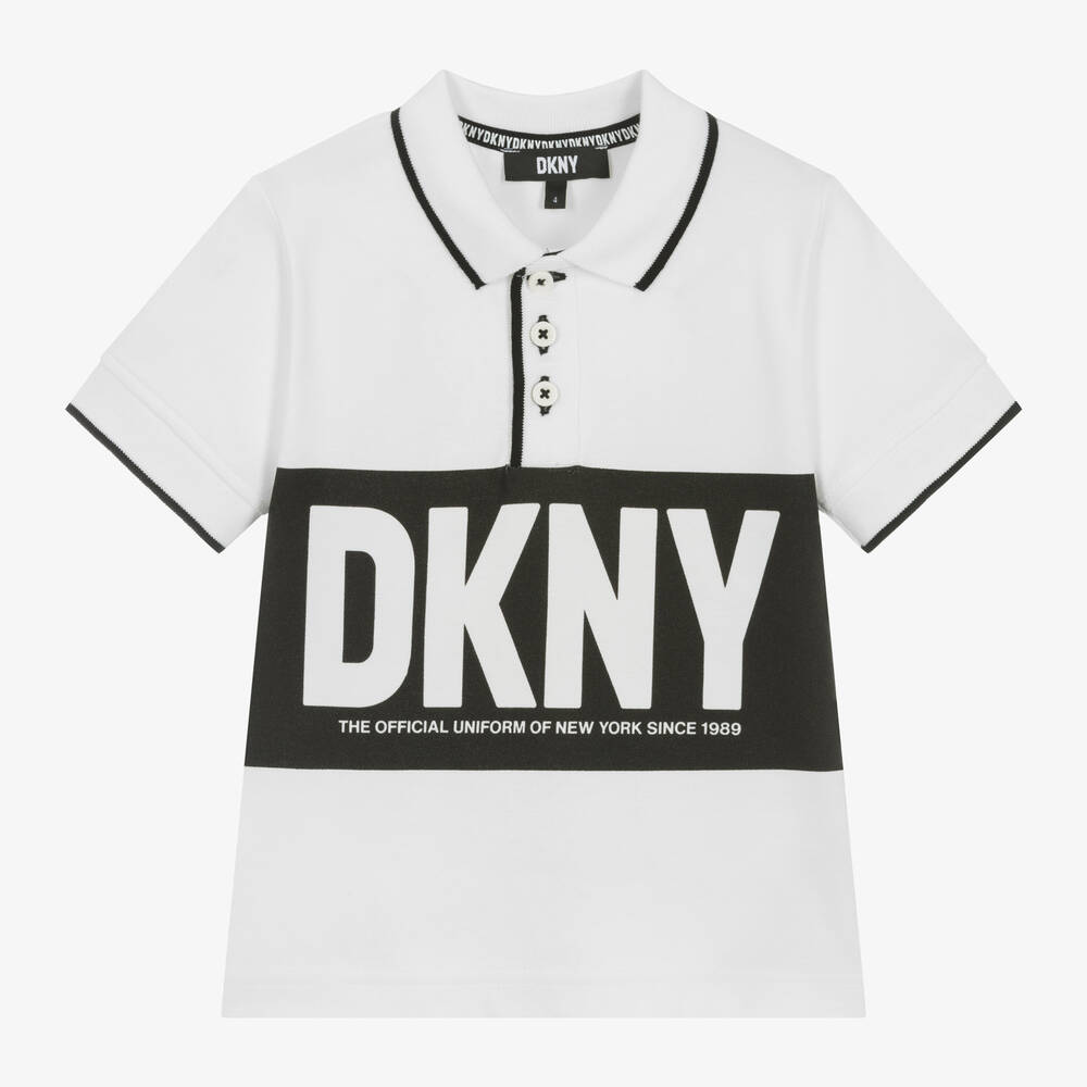 DKNY -  توب بولو قطن بيكيه لون أبيض وأسود للأولاد | Childrensalon