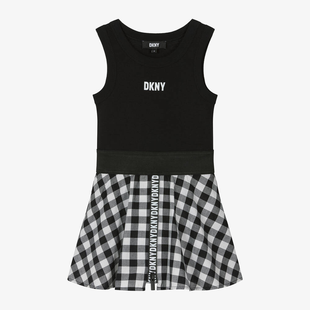 DKNY - فستان قطن جينغهام لون أسود وأبيض | Childrensalon