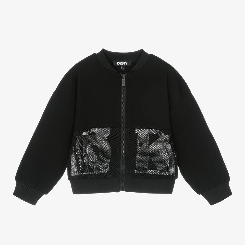 DKNY - Girls Black Cotton Jersey & Mesh Zip-Up Top | Childrensalon