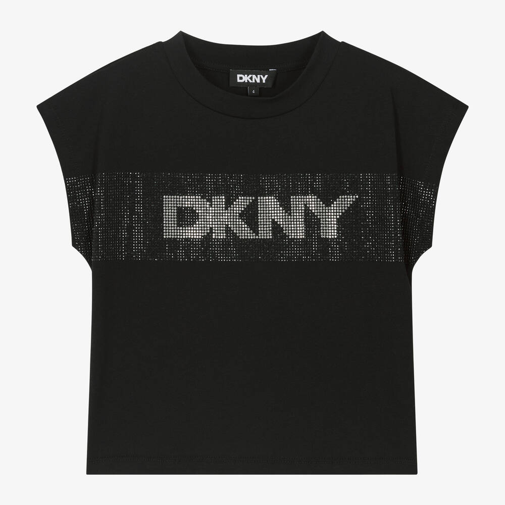 DKNY - Girls Black Cotton Studded T-Shirt | Childrensalon