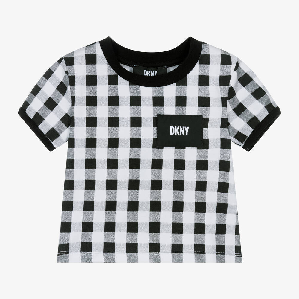 DKNY - Girls Black Gingham Cotton T-Shirt | Childrensalon