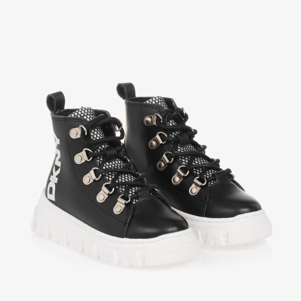 DKNY - Girls Black Leather Lace-Up Boots | Childrensalon