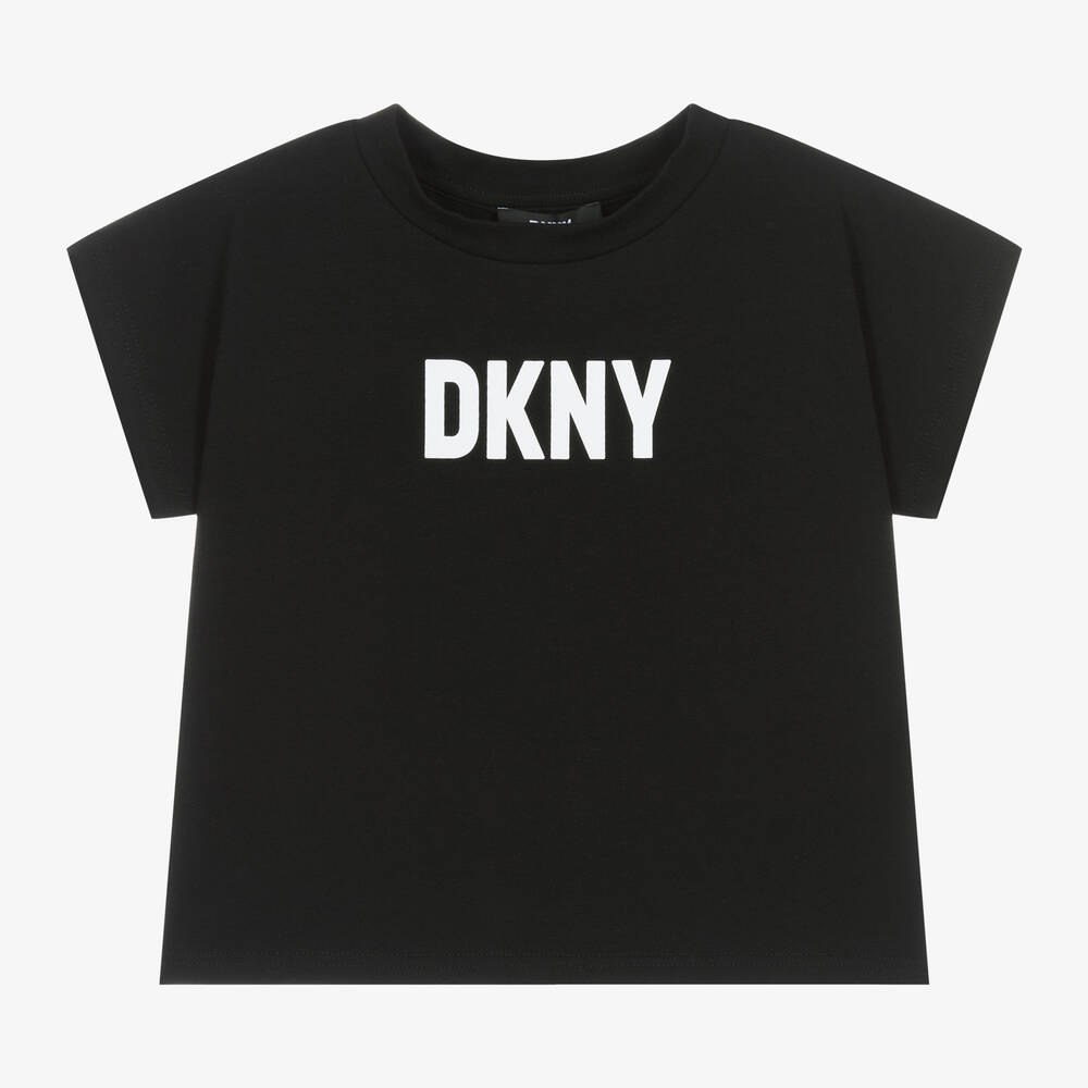 DKNY - تيشيرت قطن جيرسي عضوي لون أسود للبنات | Childrensalon