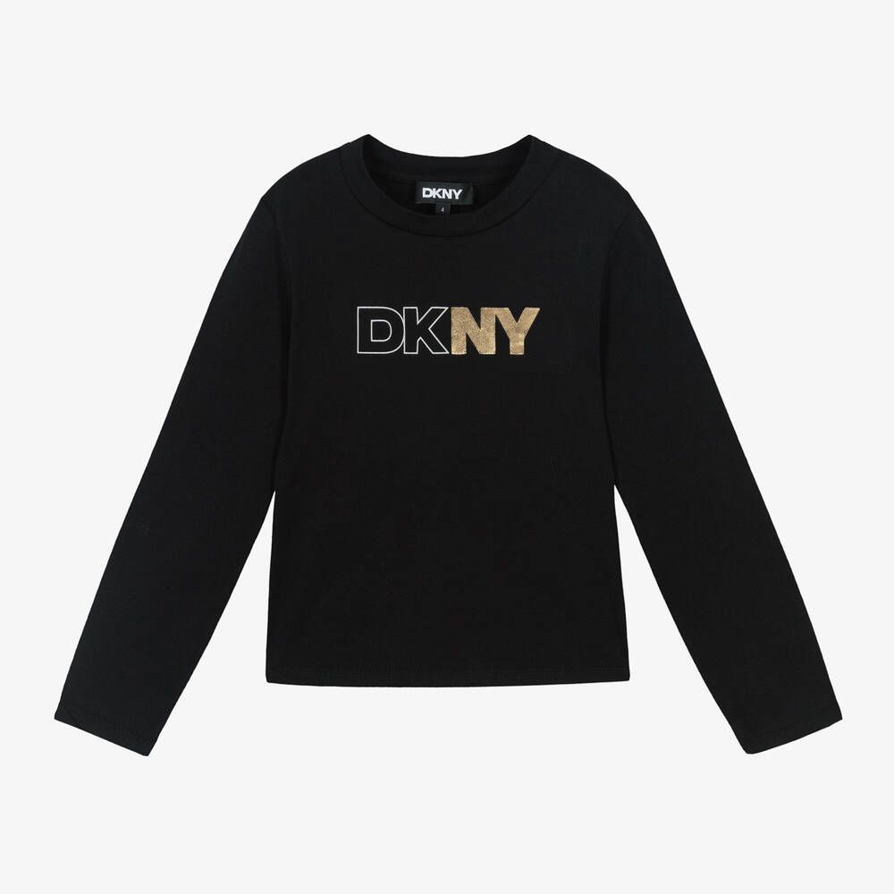 DKNY - توب قطن عضوي لون أسود للبنات | Childrensalon