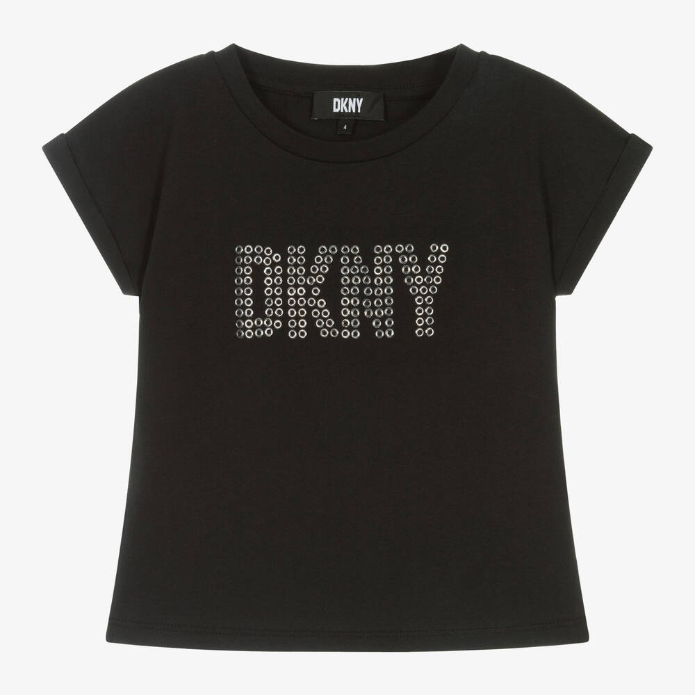 DKNY - تيشيرت قطن عضوي جيرسي لون أسود للبنات | Childrensalon