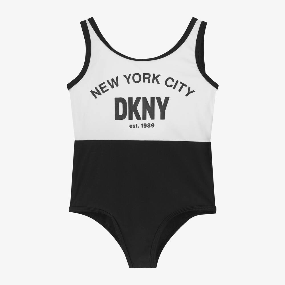 DKNY - مايّو بطبعة NYC لون أسود وأبيض للبنات | Childrensalon