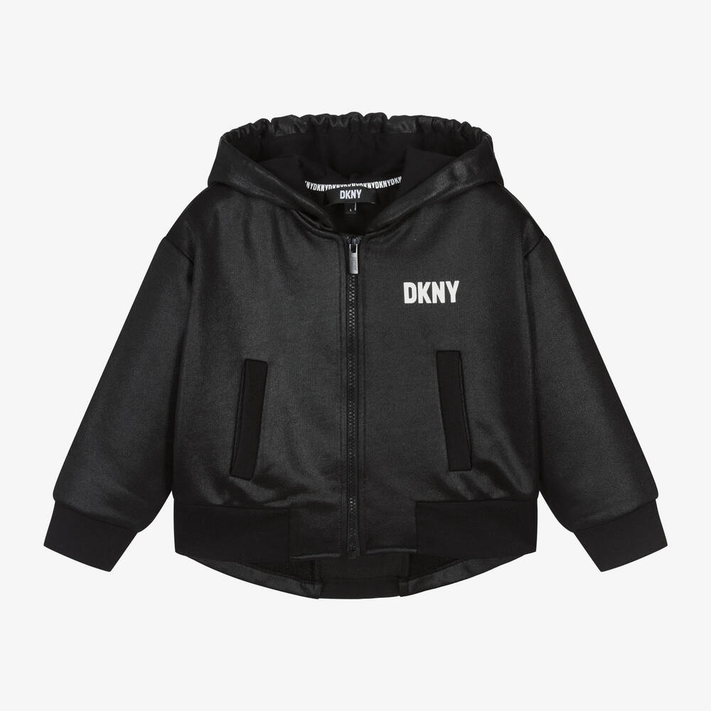 DKNY - توب هودي بسحّاب مزيج قطن لون أسود لامع للبنات | Childrensalon