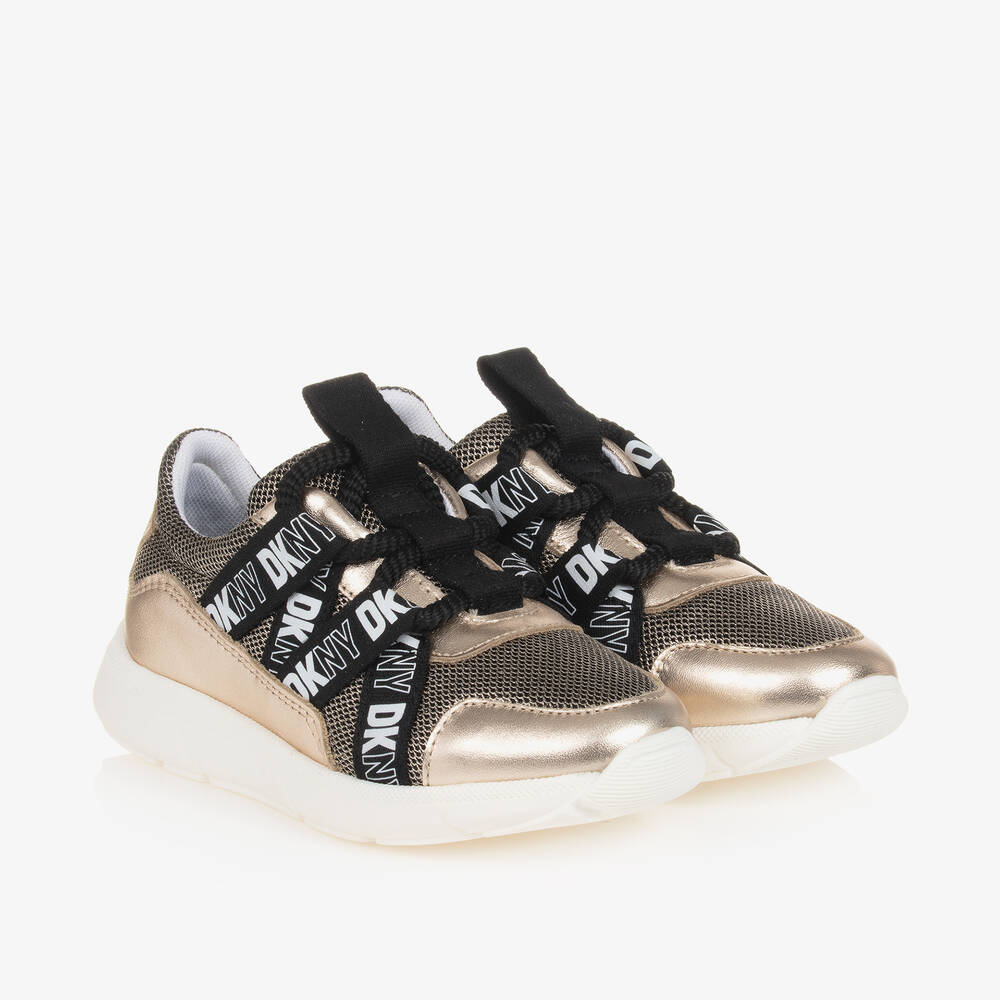 DKNY - Girls Gold & Black Lace-Up Trainers | Childrensalon
