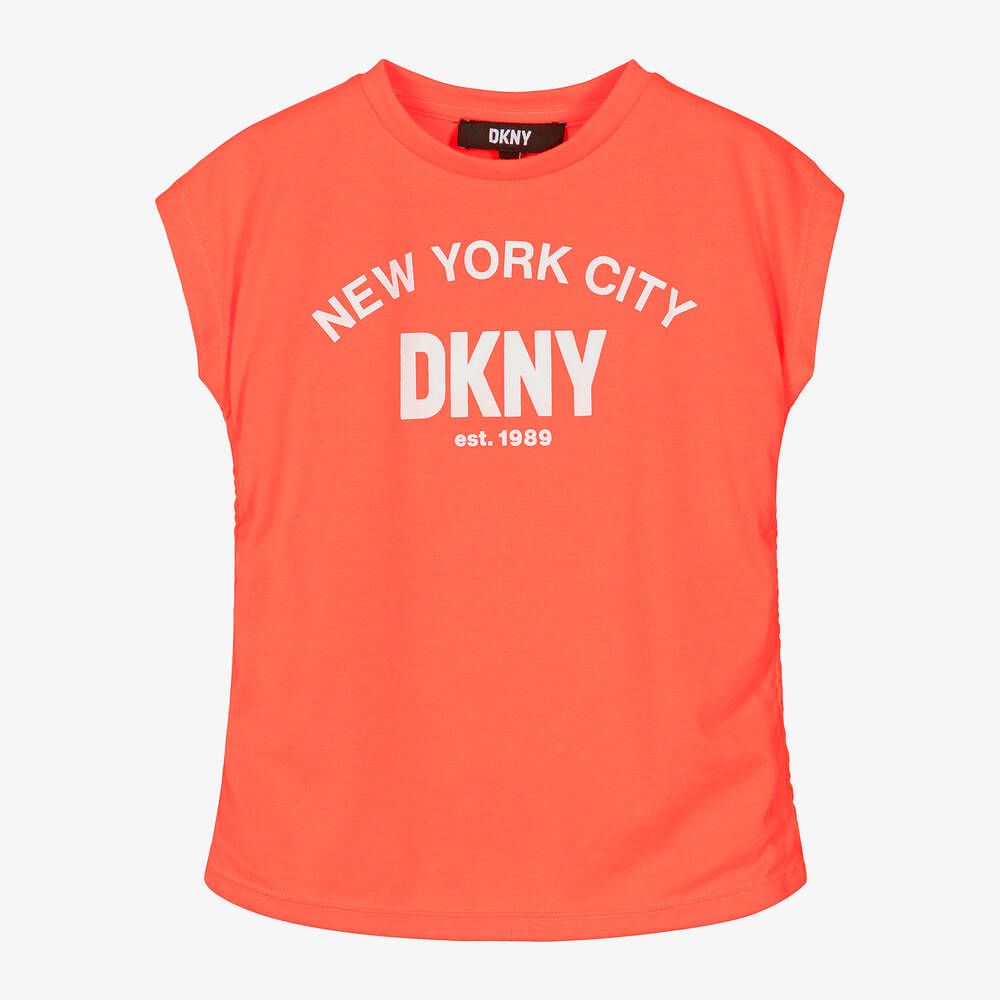 DKNY - Girls Neon Orange Cotton T-Shirt  | Childrensalon