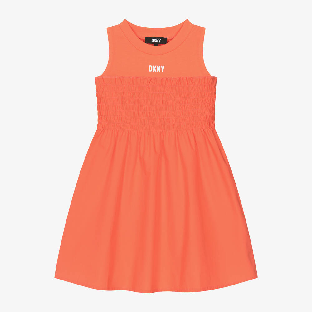 DKNY - فستان مزموم قطن جيرسي لون برتقالي مرجاني | Childrensalon
